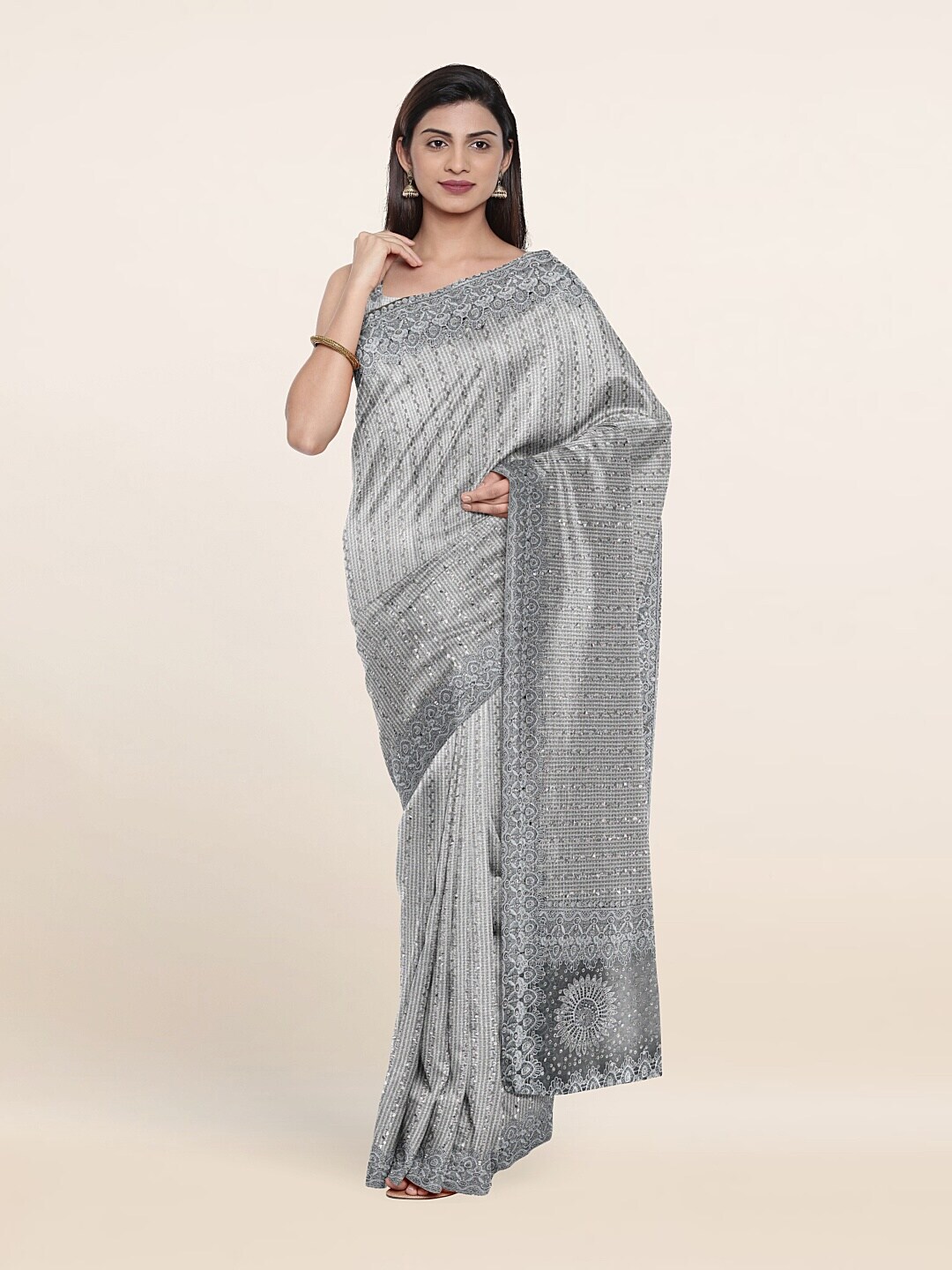 Pothys Grey Striped Beads and Stones Saree Price in India