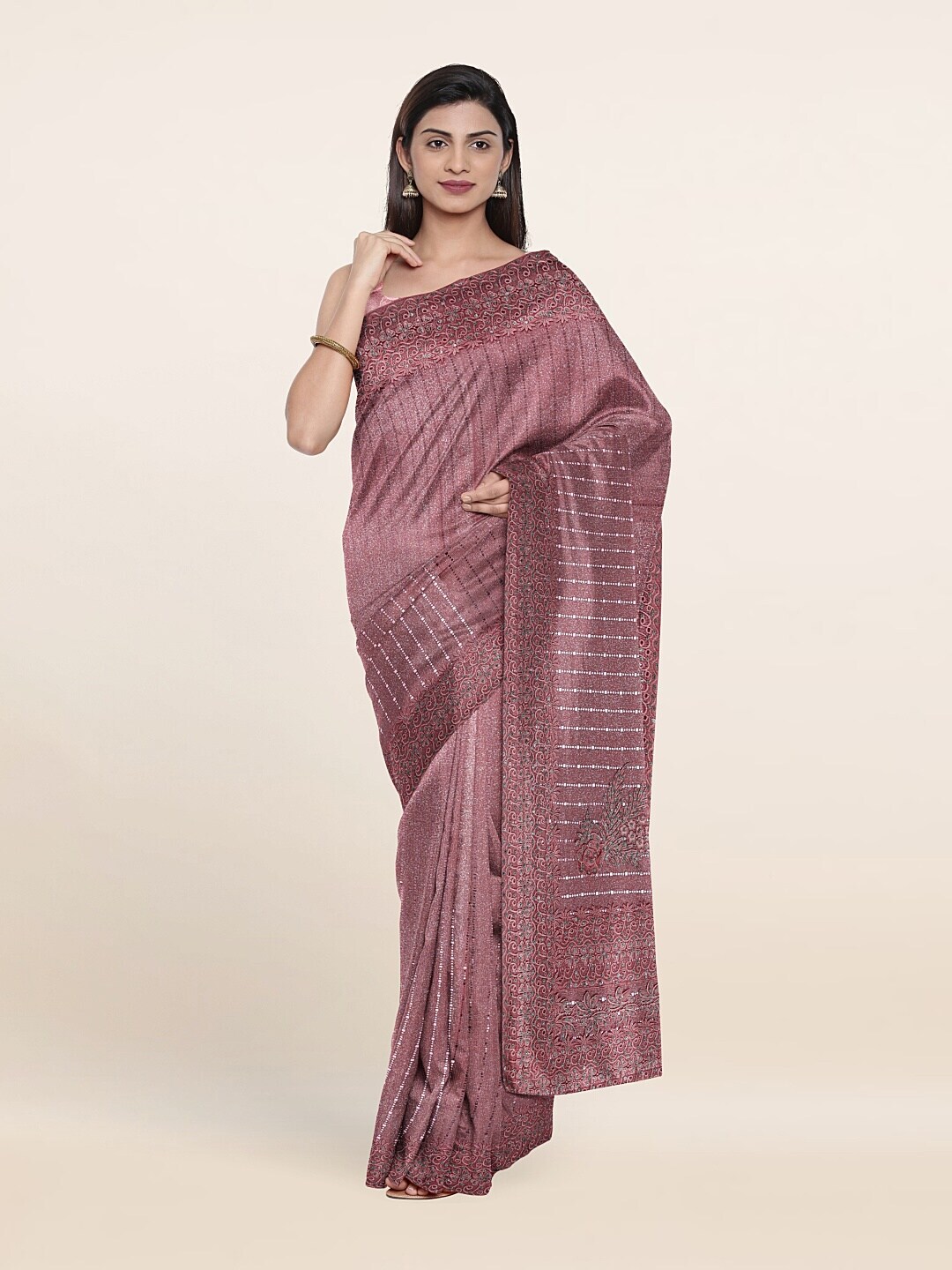 Pothys Pink Striped Beads and Stones Saree Price in India