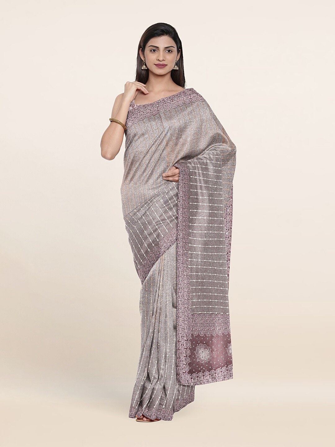 Pothys Lavender Striped Beads and Stones Saree Price in India