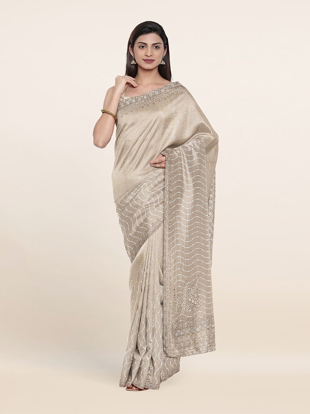 Pothys Cream-Coloured & White Embellished Beads and Stones Saree Price in India