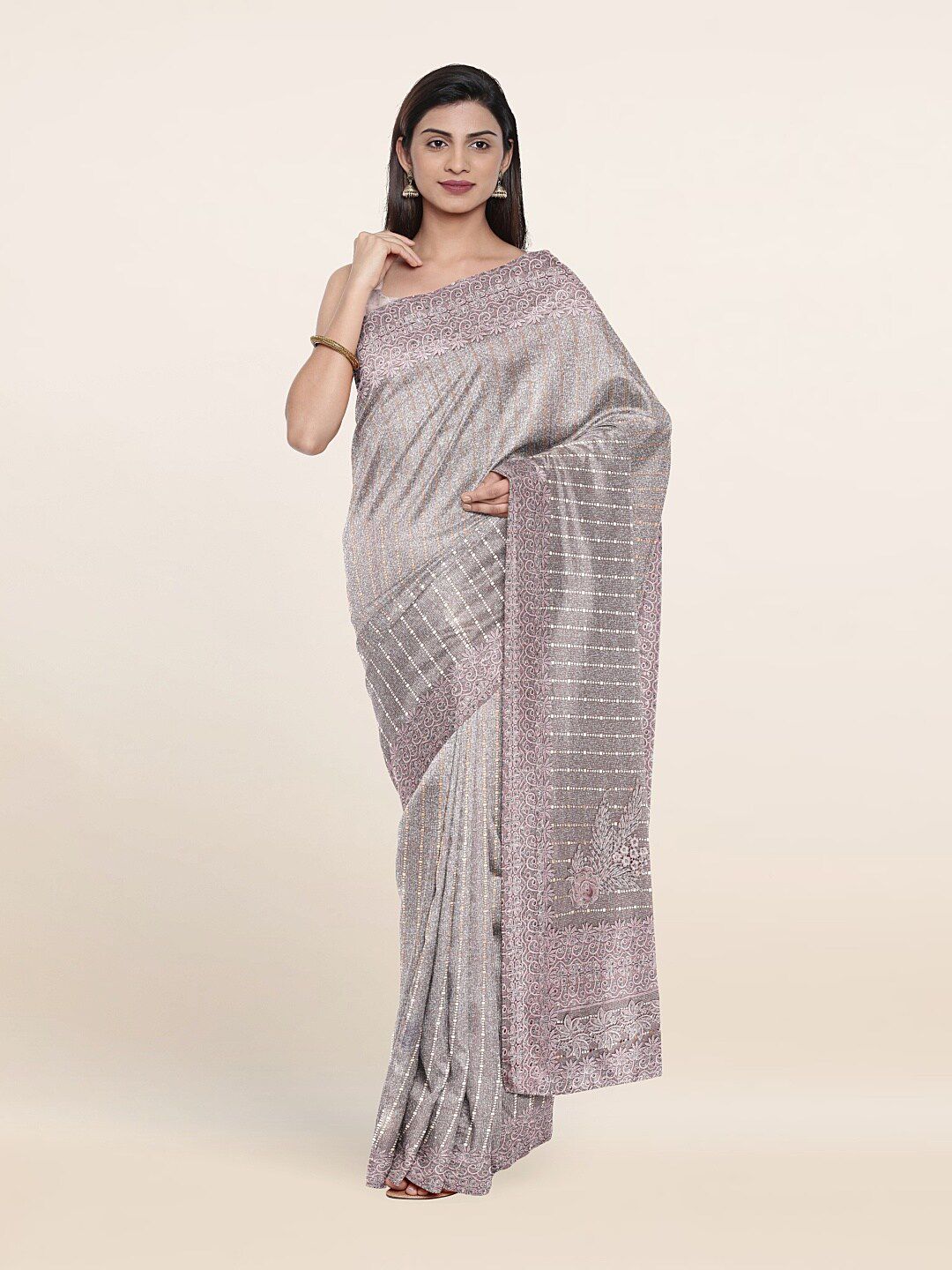 Pothys Pink & White Embellished Beads and Stones Saree Price in India