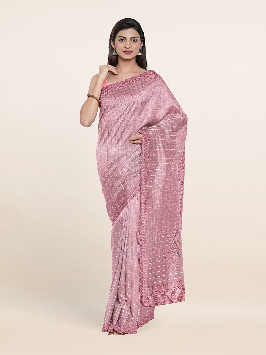 Pothys Pink & White Floral Embellished Beads and Stones Saree Price in India