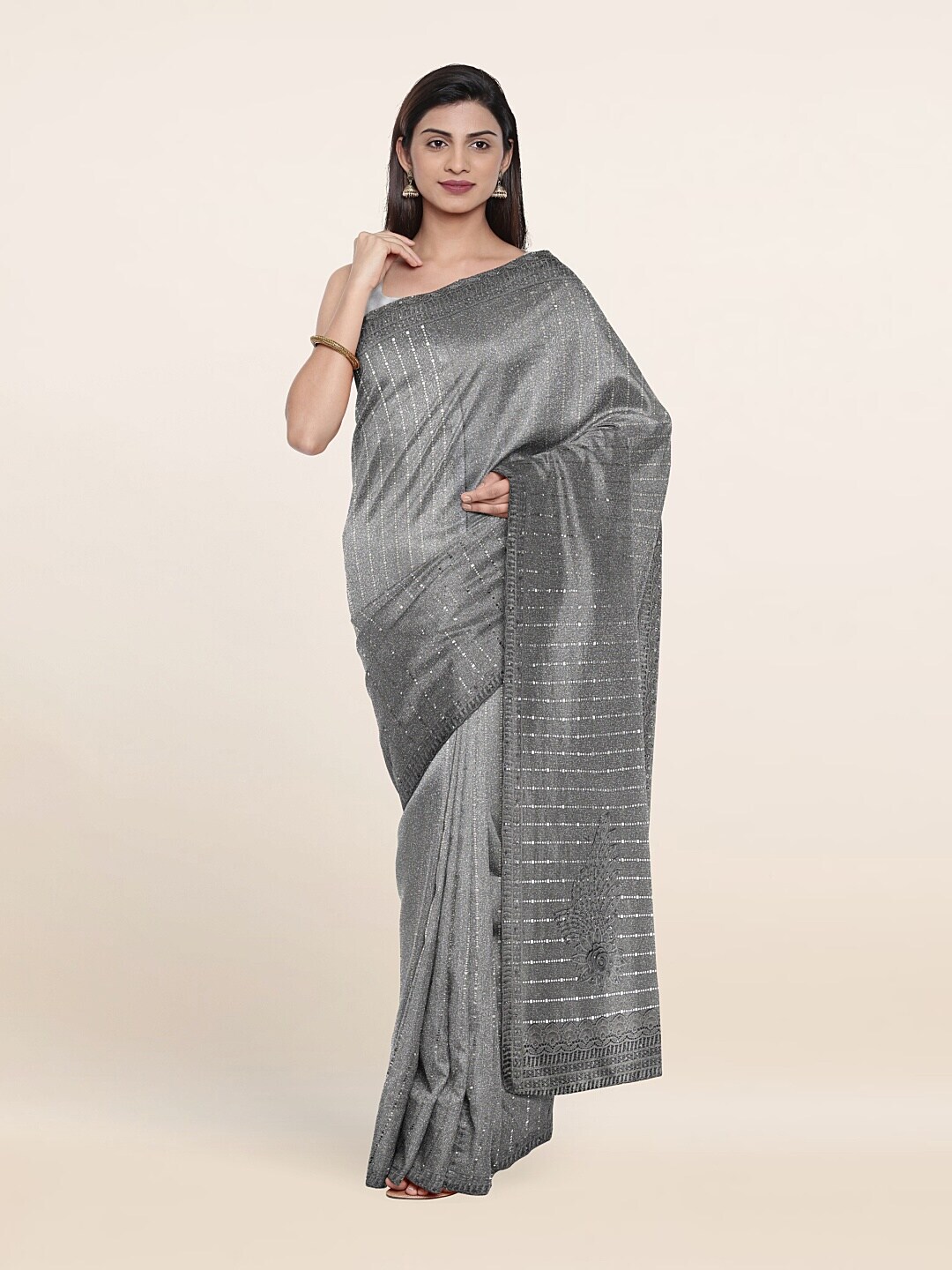 Pothys Grey & White Embellished Beads and Stones Saree Price in India