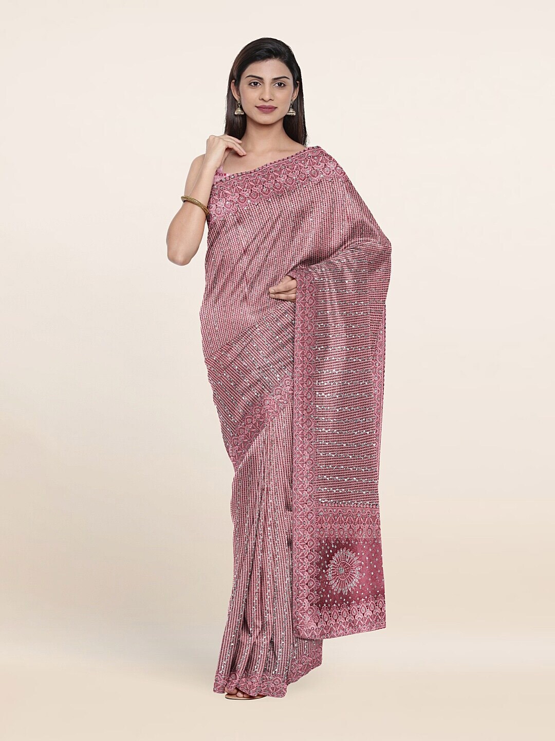 Pothys Pink Ethnic Motifs Sequinned Saree Price in India