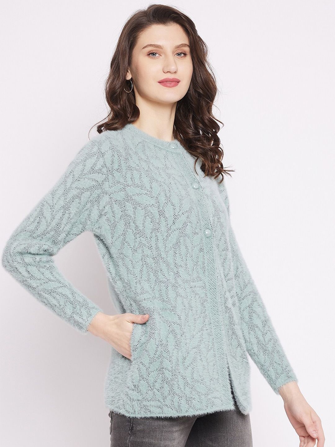Buy Zigo Women Sea Green & Grey Cable Knit Woolen Cardigan Sweater