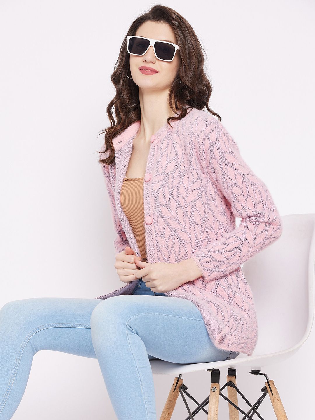 Buy Zigo Women Pink & Grey Cable Knit Woolen Cardigan Sweater