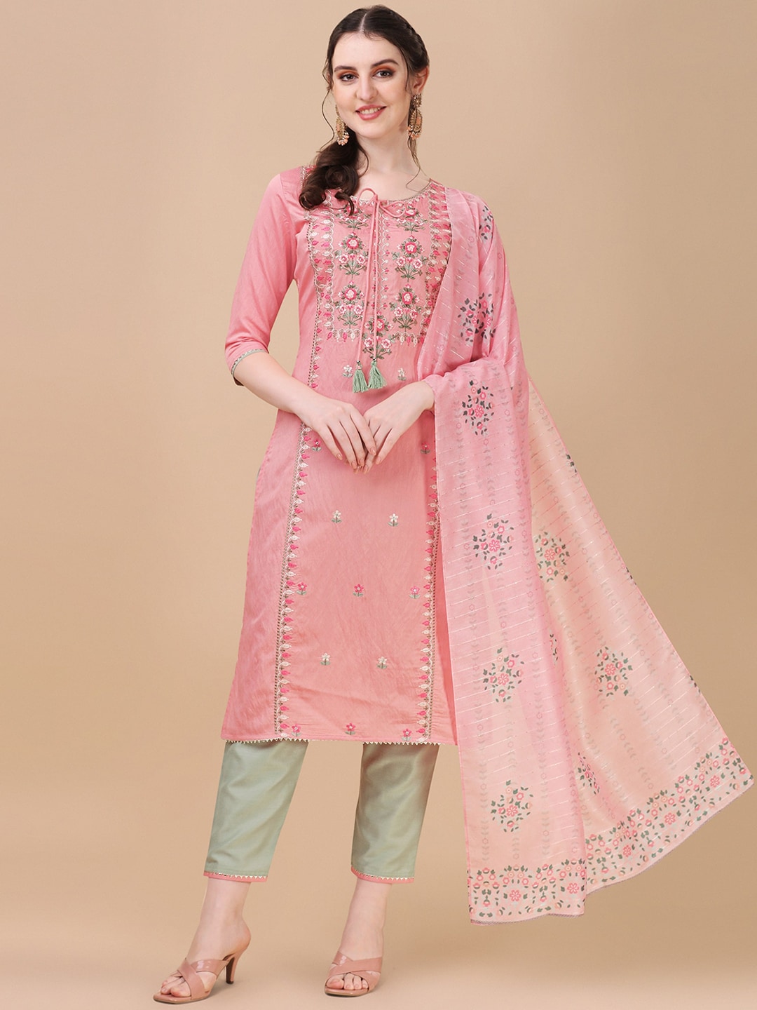 Berrylicious Pink Floral Embroidered Thread Work Chanderi Cotton Kurta with Trousers & Dupatta Price in India