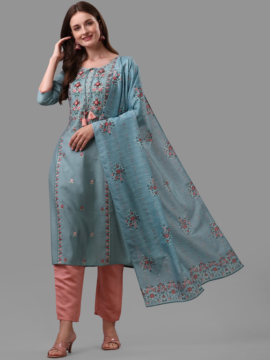Berrylicious Blue Floral Embroidered Thread Work Chanderi Cotton Kurta with Trousers & Dupatta Price in India
