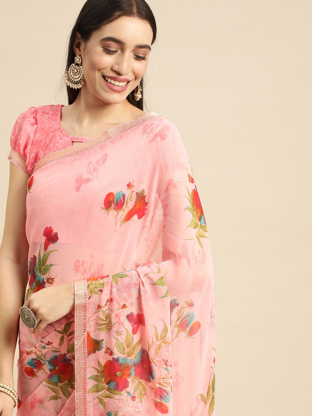 Mitera Pink Floral Pure Georgette Saree Price in India