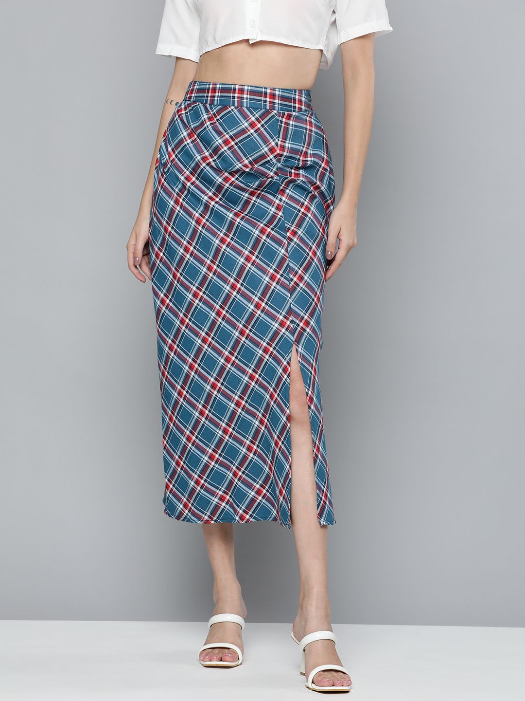 HERE&NOW Women Blue & Red Pure Cotton Checked Straight Skirt Price in India