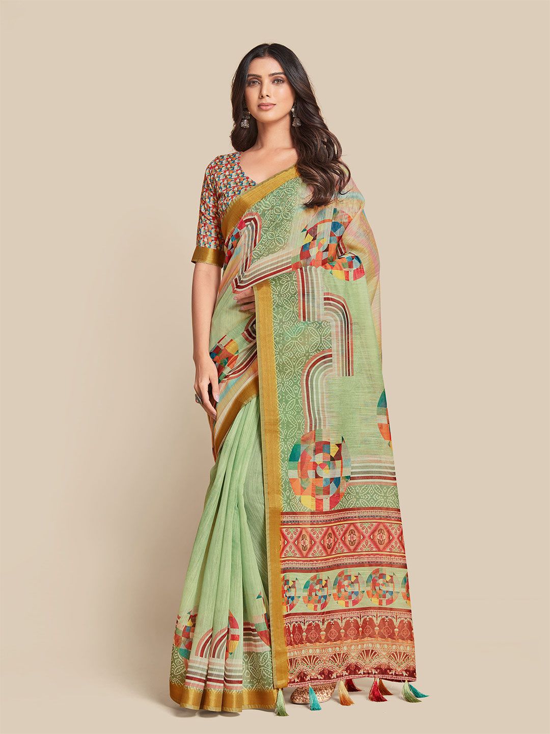 all about you Green & Yellow Printed Cotton Blend Saree Price in India
