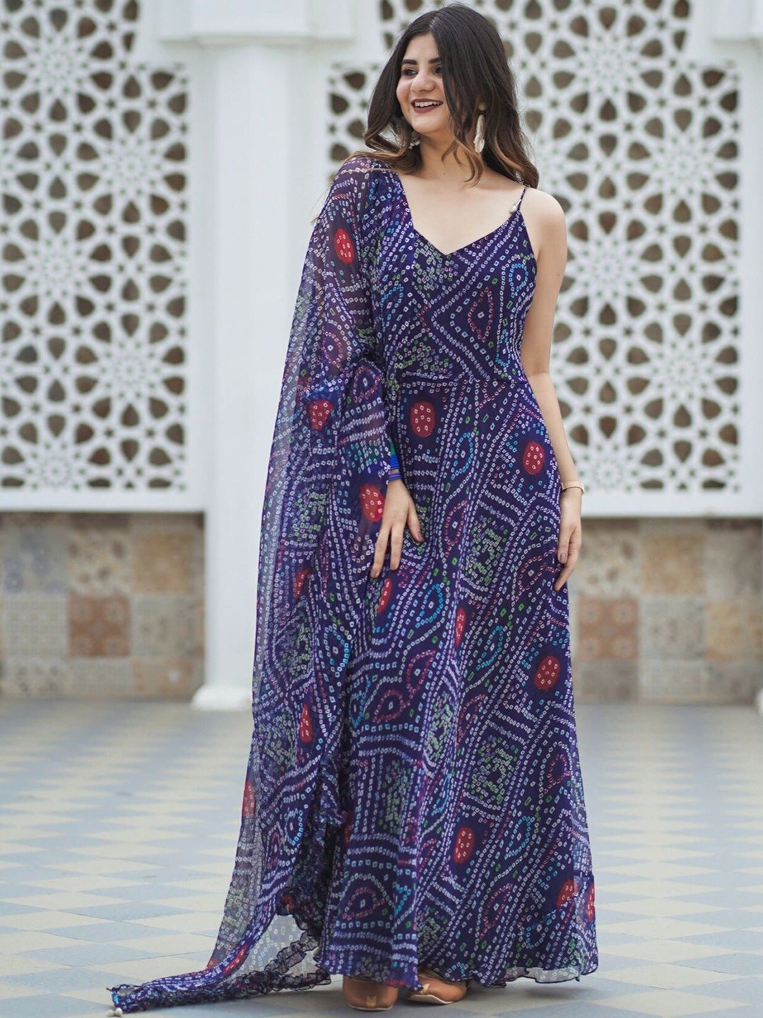 Thread & Button Women Navy Blue Bandhani Printed Kurta with Trousers & Dupatta Price in India