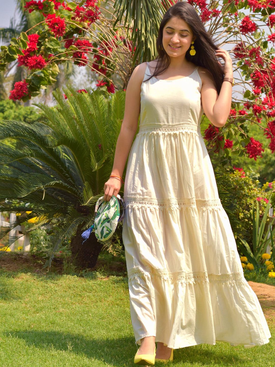 Thread & Button White Cotton Maxi Dress Price in India