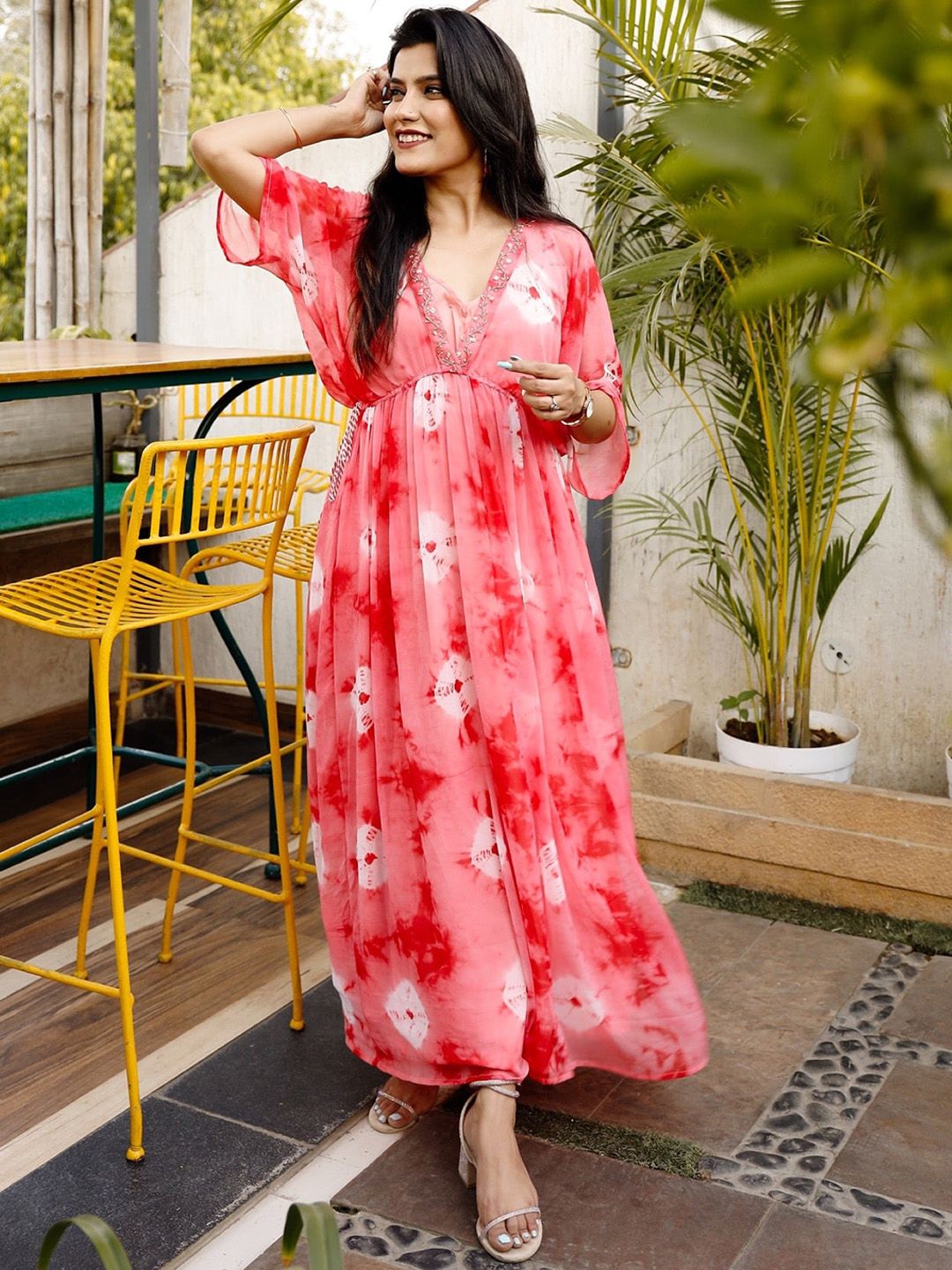 Thread & Button Peach-Coloured Tie and Dye Dyed Maxi Dress Price in India