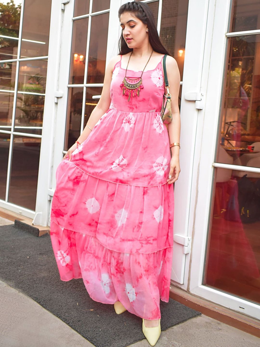 Thread & Button Pink & White Tie and Dye Dyed Maxi Dress Price in India