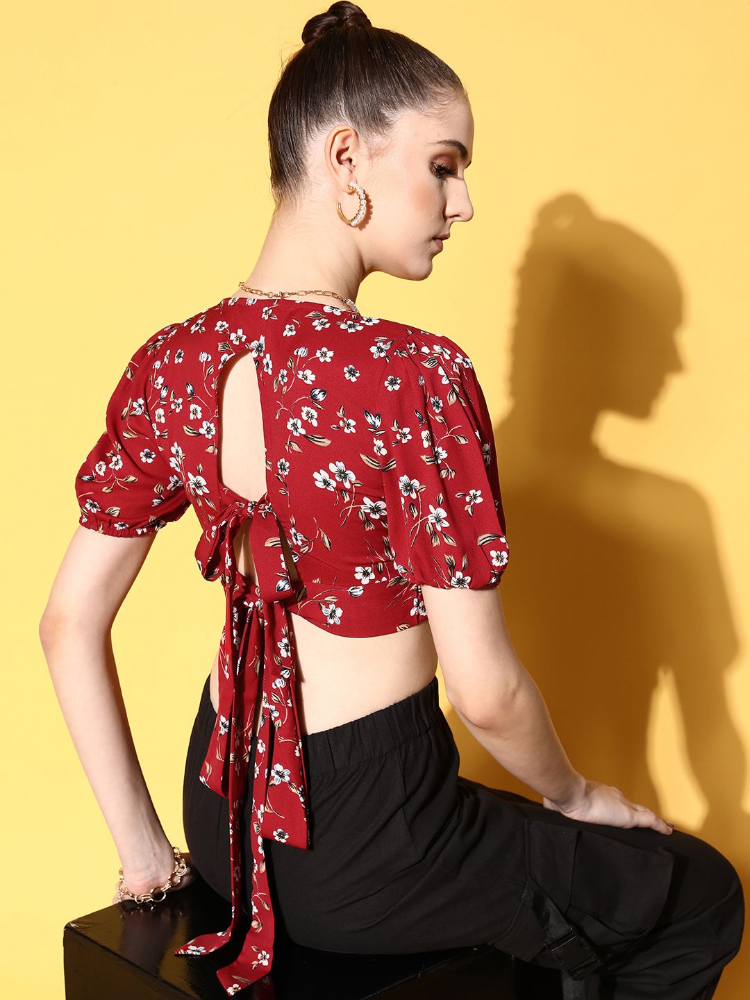 Berrylush Red Floral Print Crepe Wrap Crop Top Price in India