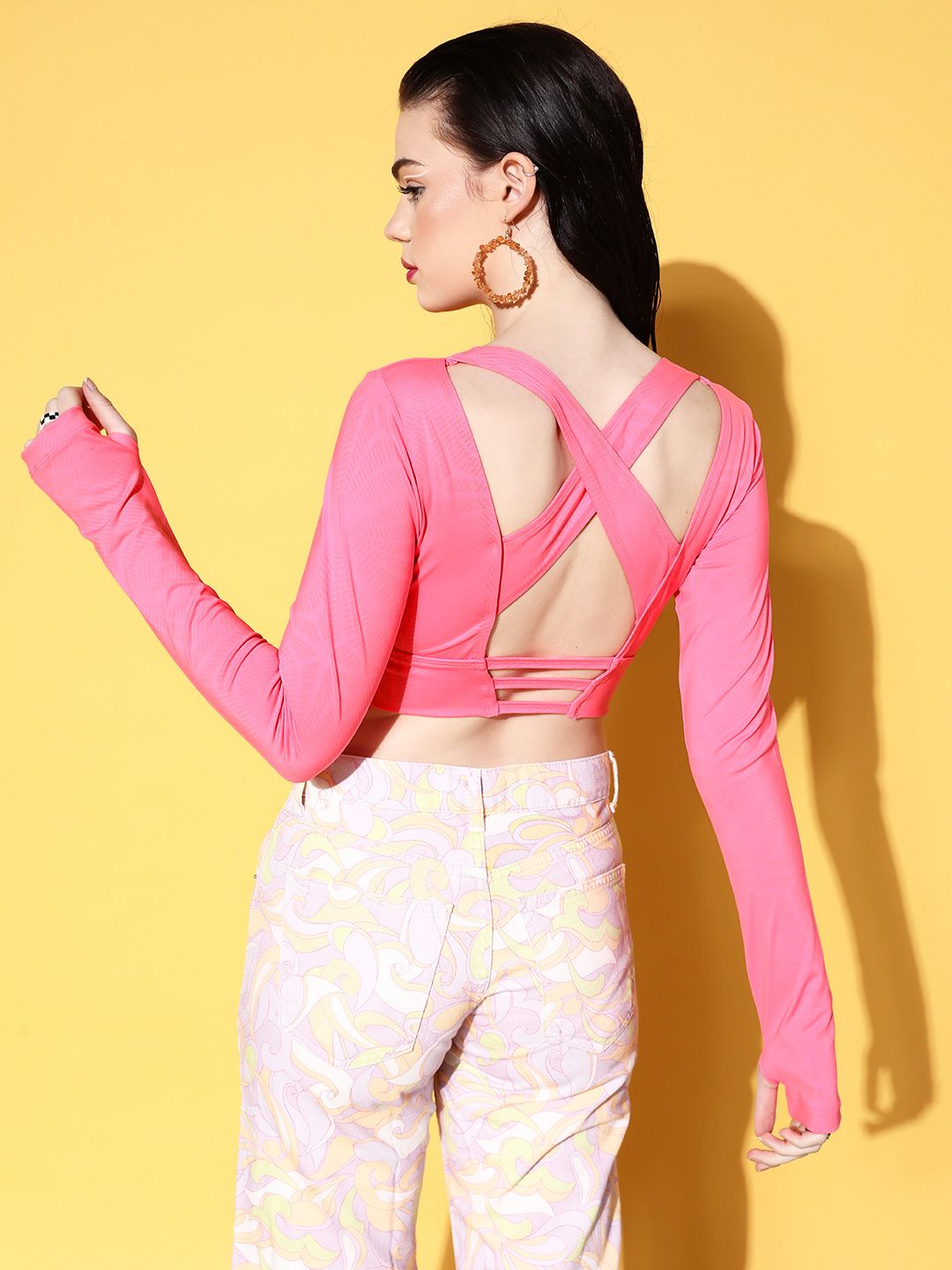 Berrylush Pink Solid Styled Back Crop Top Price in India