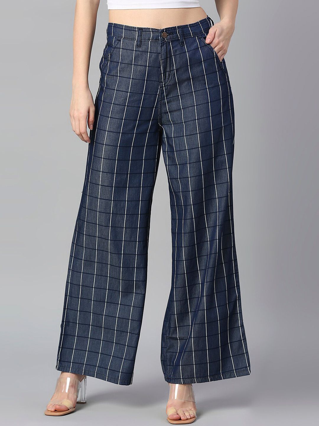 High Star Women Grey Striped Flared High-Rise Trousers Price in India
