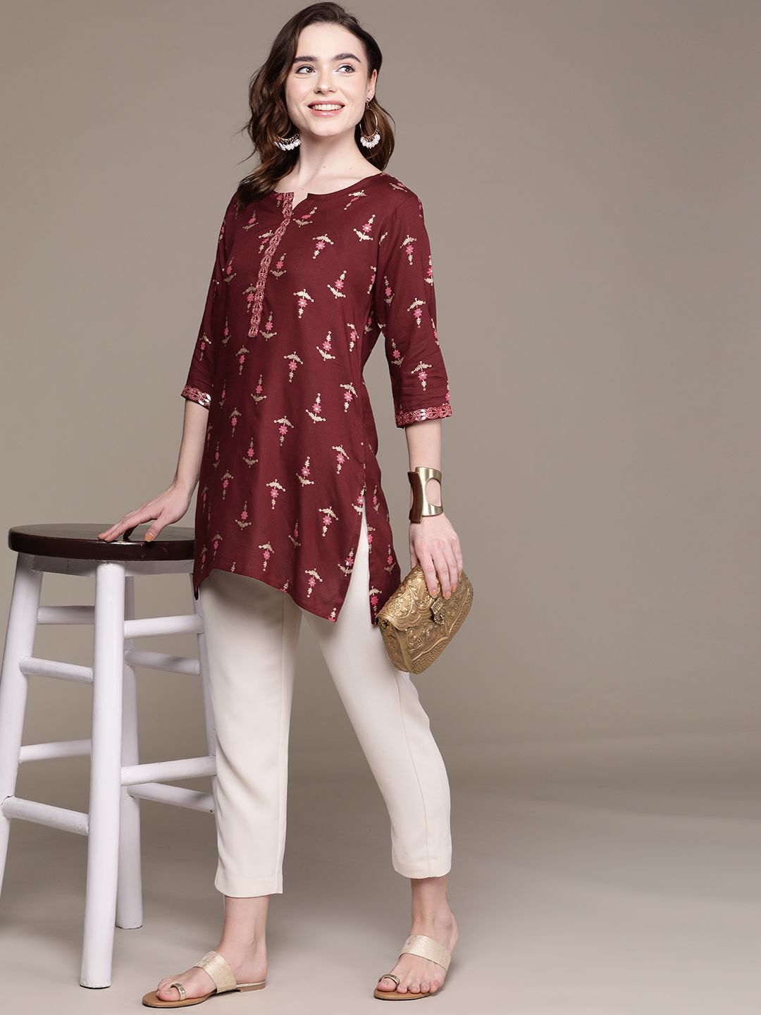 Anubhutee Maroon & Off White Ethnic Motifs Printed Kurti Price in India