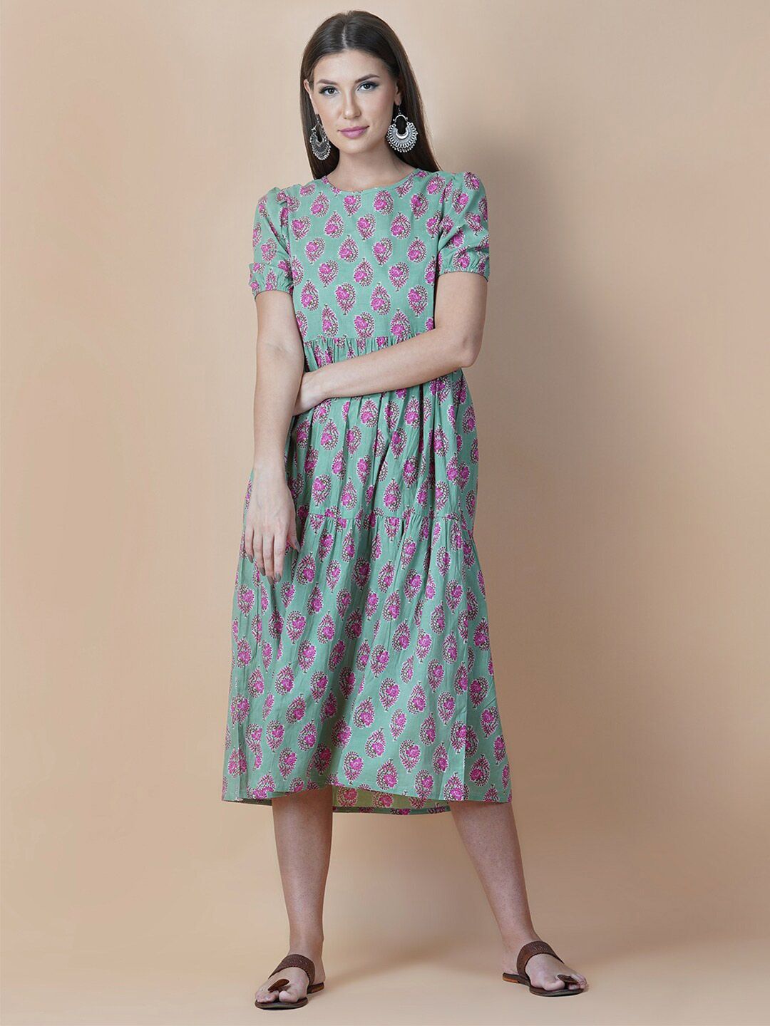 Twilldor Green Floral Ethnic Cotton A-Line Midi Dress Price in India