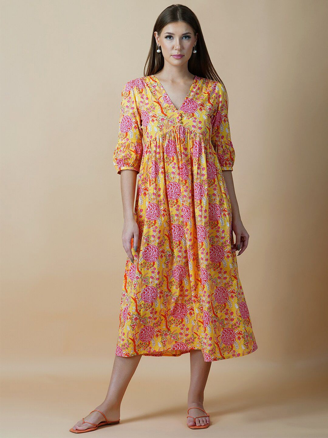 Twilldor Yellow Floral Ethnic Cotton  A-Line Midi Dress Price in India