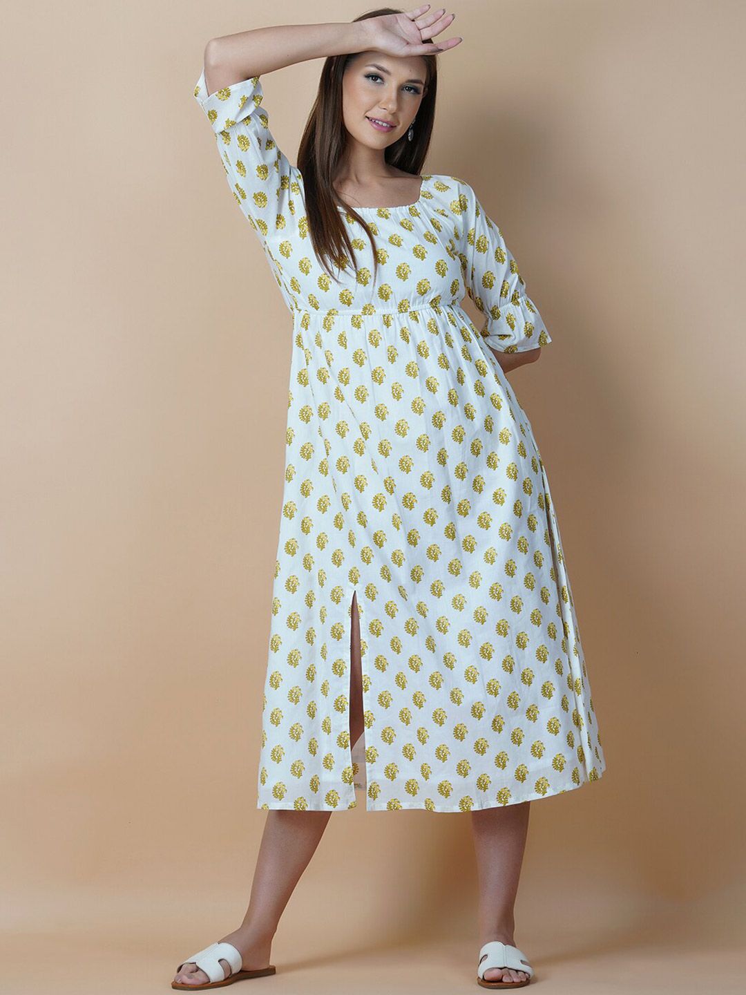 Twilldor Yellow Ethnic Motifs Cotton A-Line Midi Dress Price in India