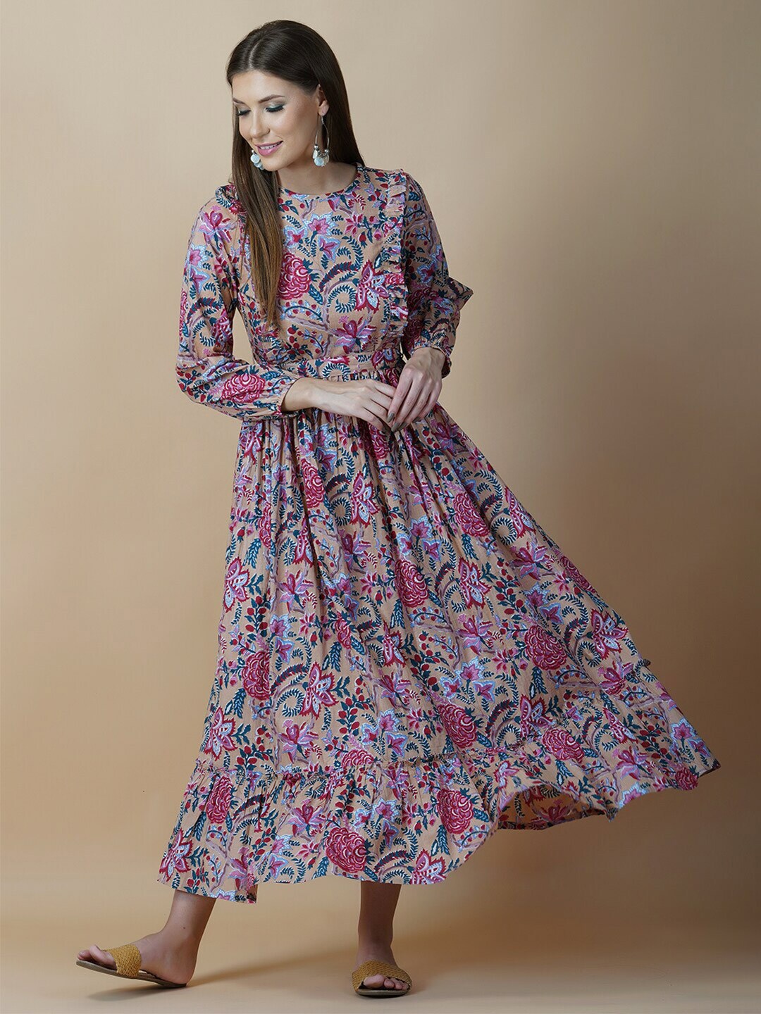 Twilldor Brown Floral Ethnic Cotton Maxi Dress Price in India