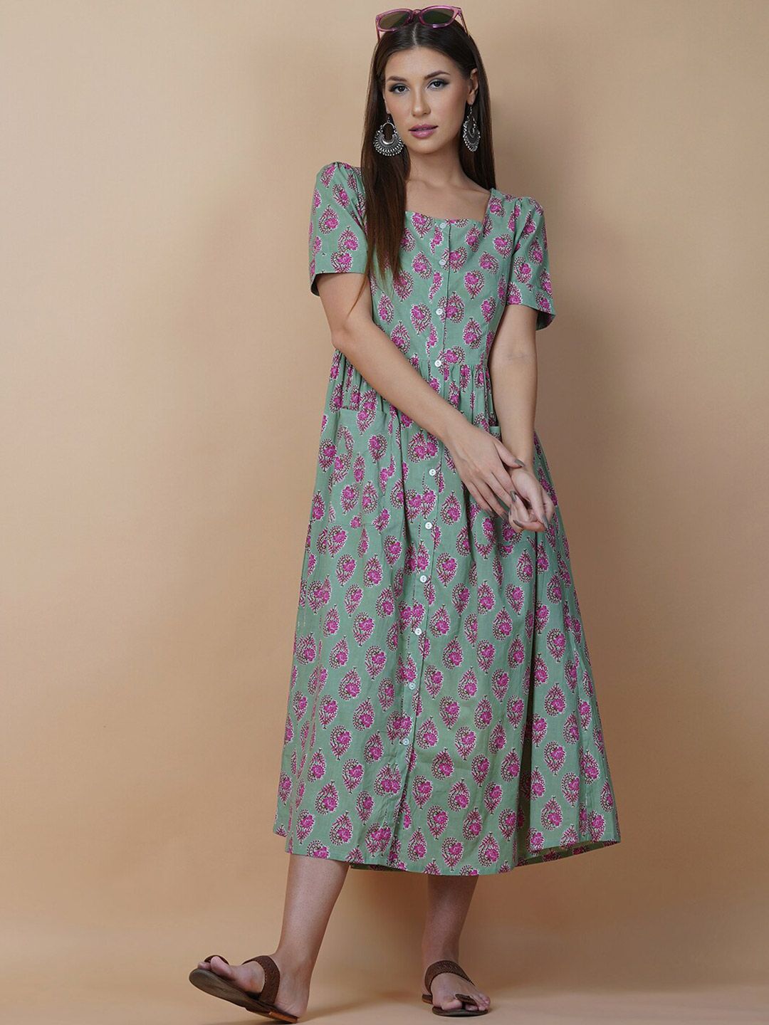 Twilldor Green Floral Ethnic A-Line Midi Cotton Dress Price in India