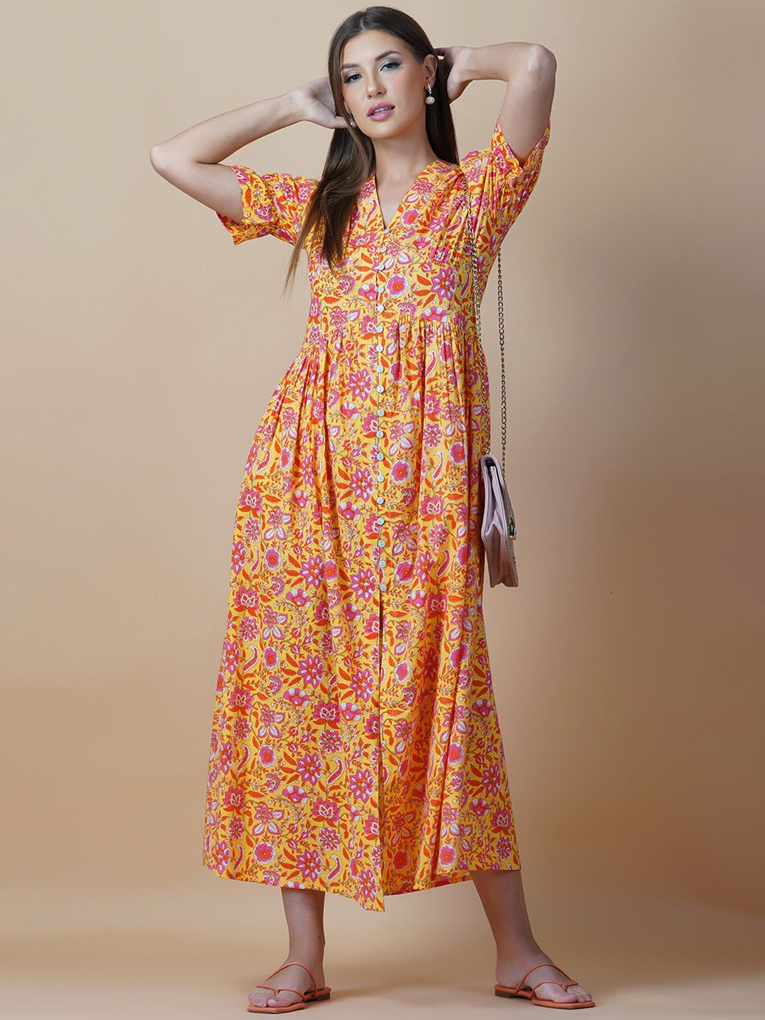 Twilldor Yellow Cotton Floral Ethnic Maxi Dress Price in India