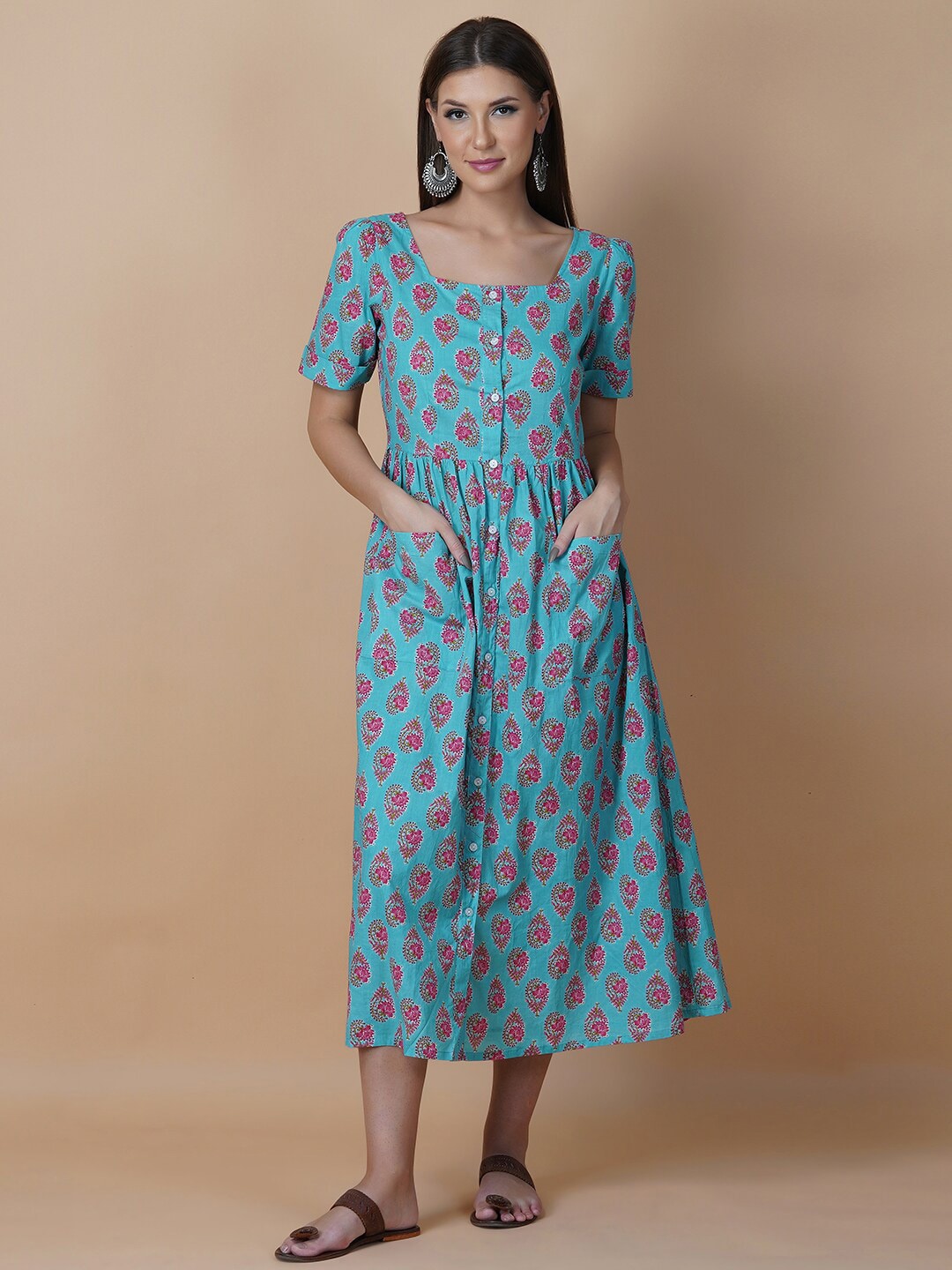 Twilldor Blue Cotton Ethnic Motifs A-Line Midi Dress Price in India