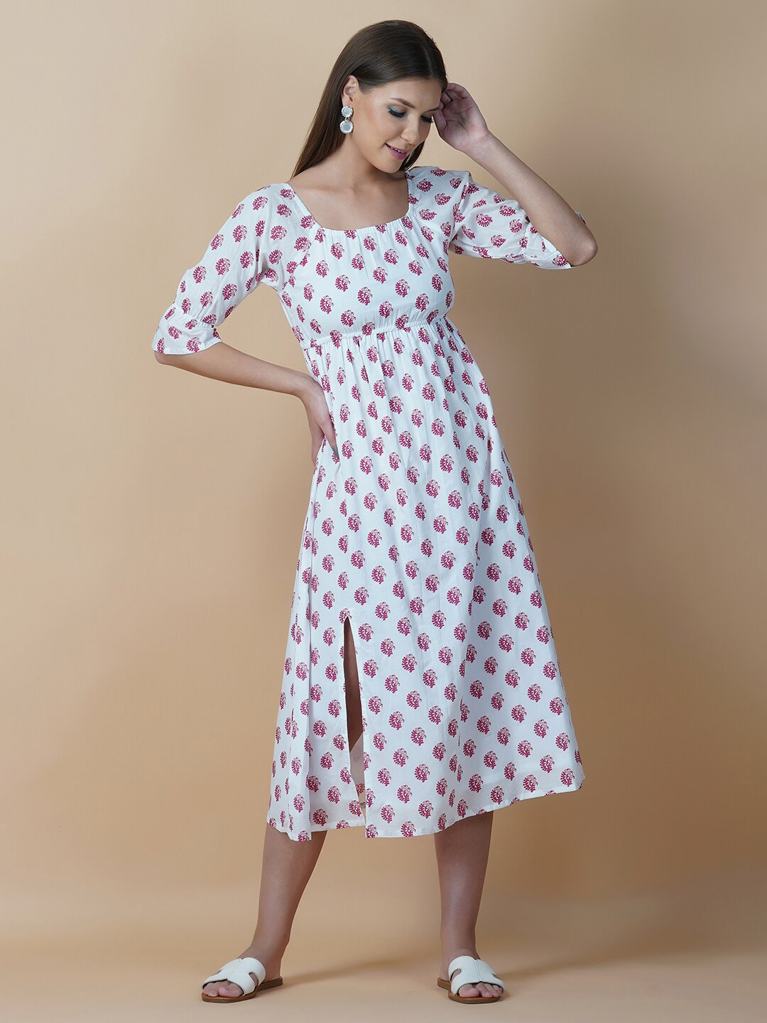 Twilldor White & Pink Cotton Ethnic Motifs A-Line Midi Dress Price in India