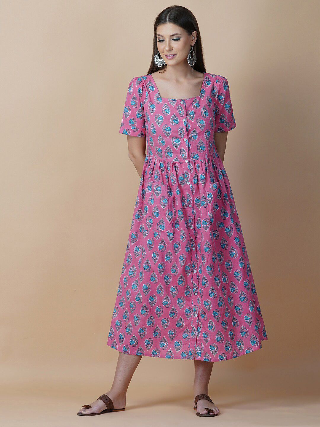 Twilldor Pink Cotton Floral Ethnic Midi Dress Price in India