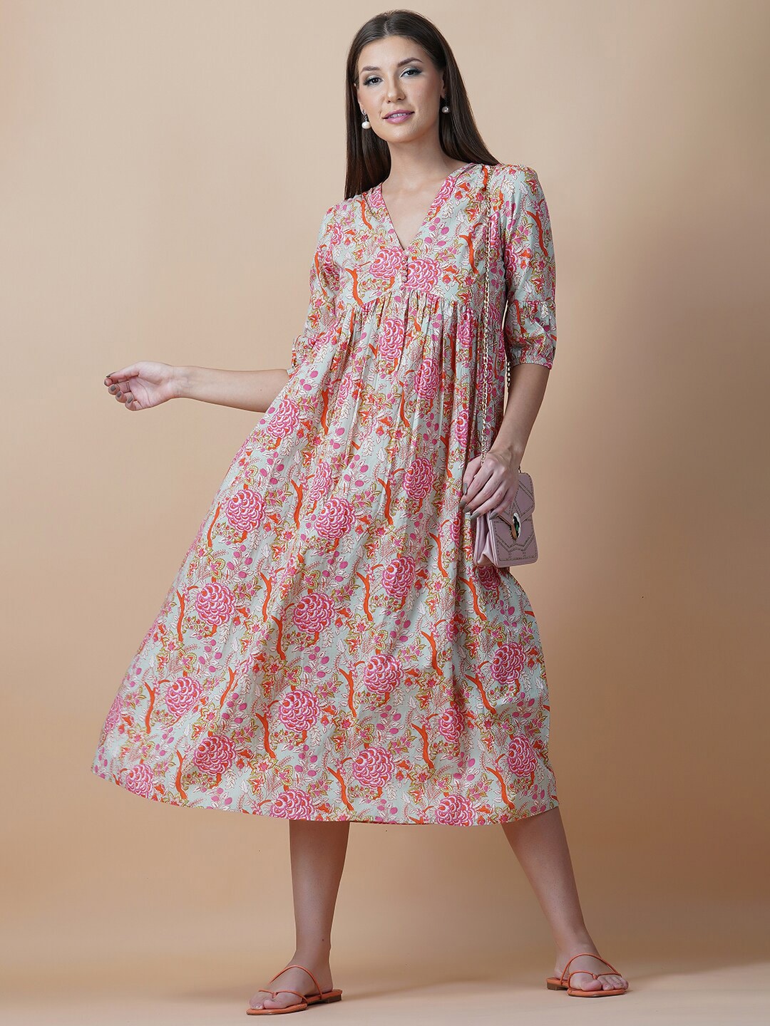 Twilldor Green & Pink Cotton Floral Ethnic Midi Dress Price in India