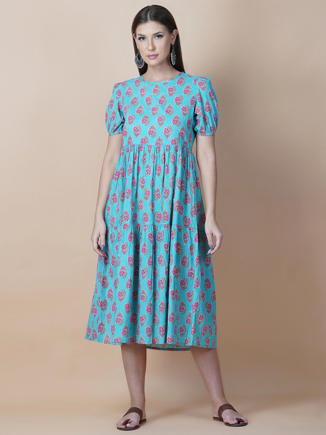 Twilldor Blue Cotton Floral Ethnic A-Line Midi Dress Price in India