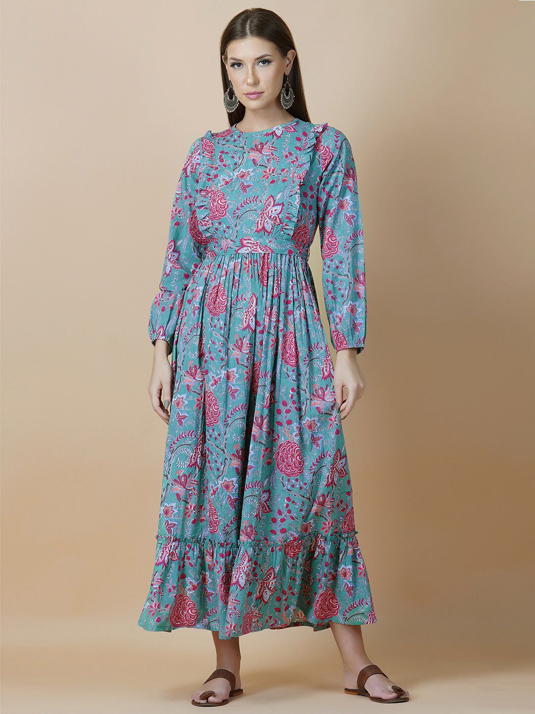 Twilldor Green Cotton Floral Ethnic Midi Dress Price in India