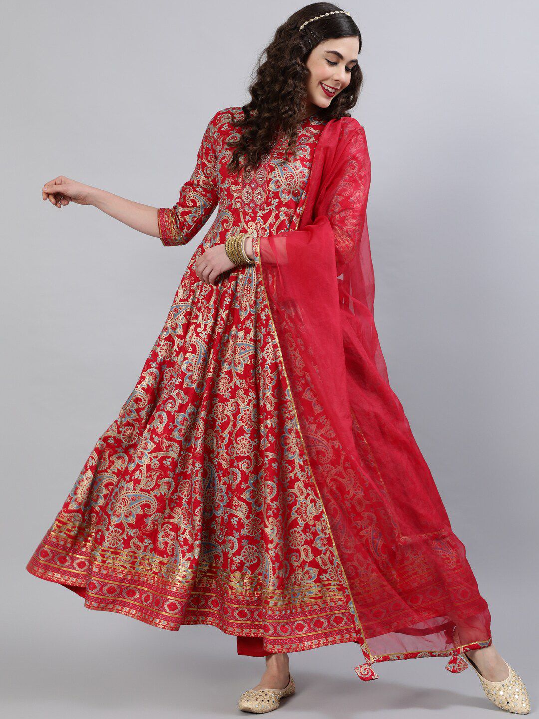 INDIE CLOSET Red Paisley Printed Anarkali Kurta Price in India