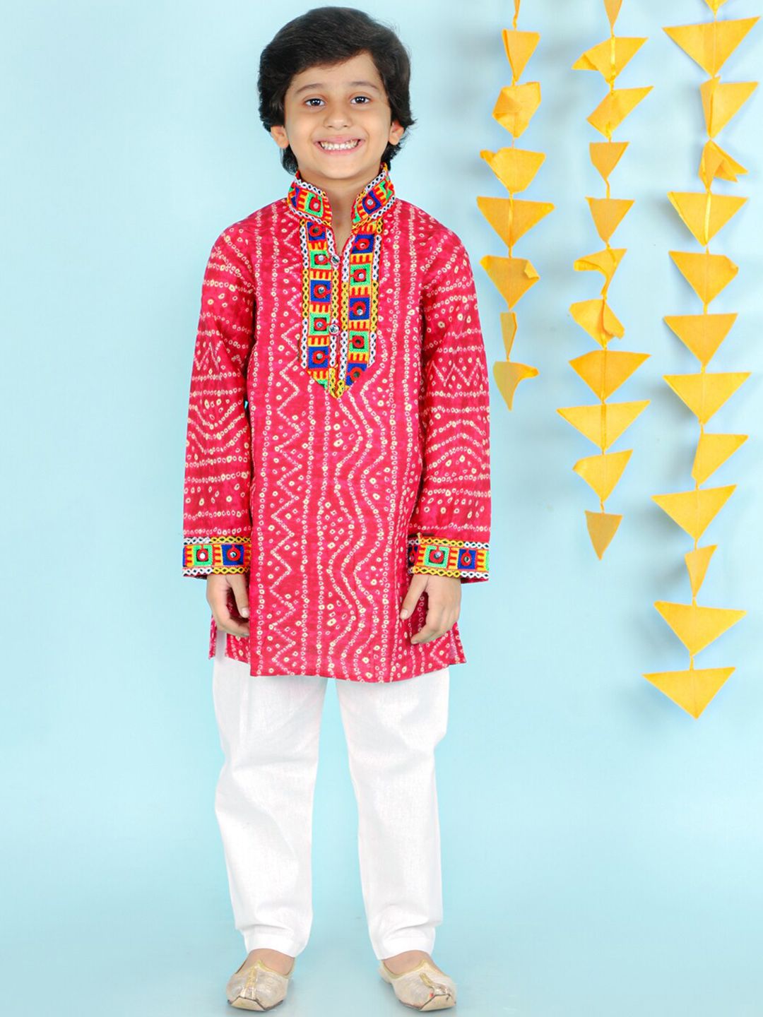KID1 Boys Pink Bandhani Printed Pure Cotton Kurta with Pyjamas