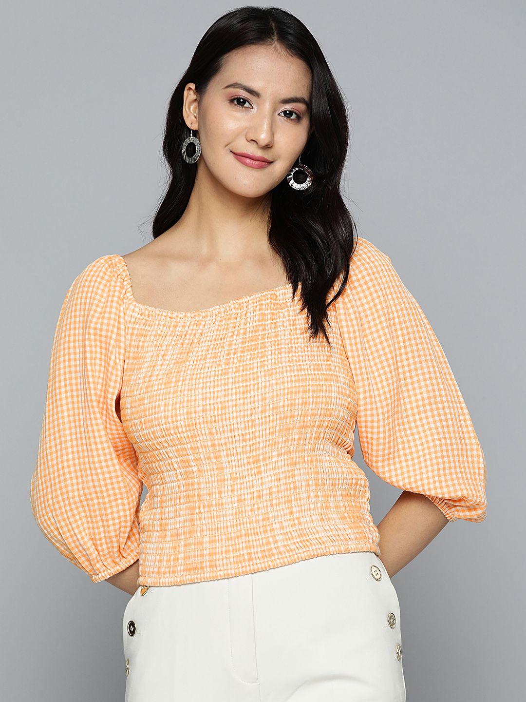HERE&NOW Peach-Coloured & White Checked Pure Cotton Fitted Top Price in India