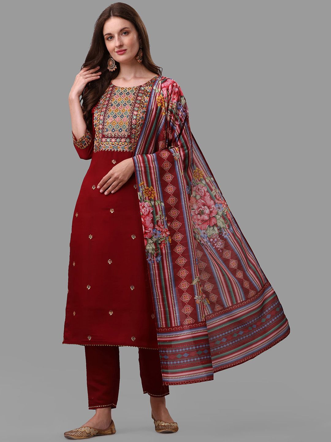 Berrylicious Women Maroon Floral Embroidered Chanderi Cotton Kurta with Trousers & With Dupatta Price in India