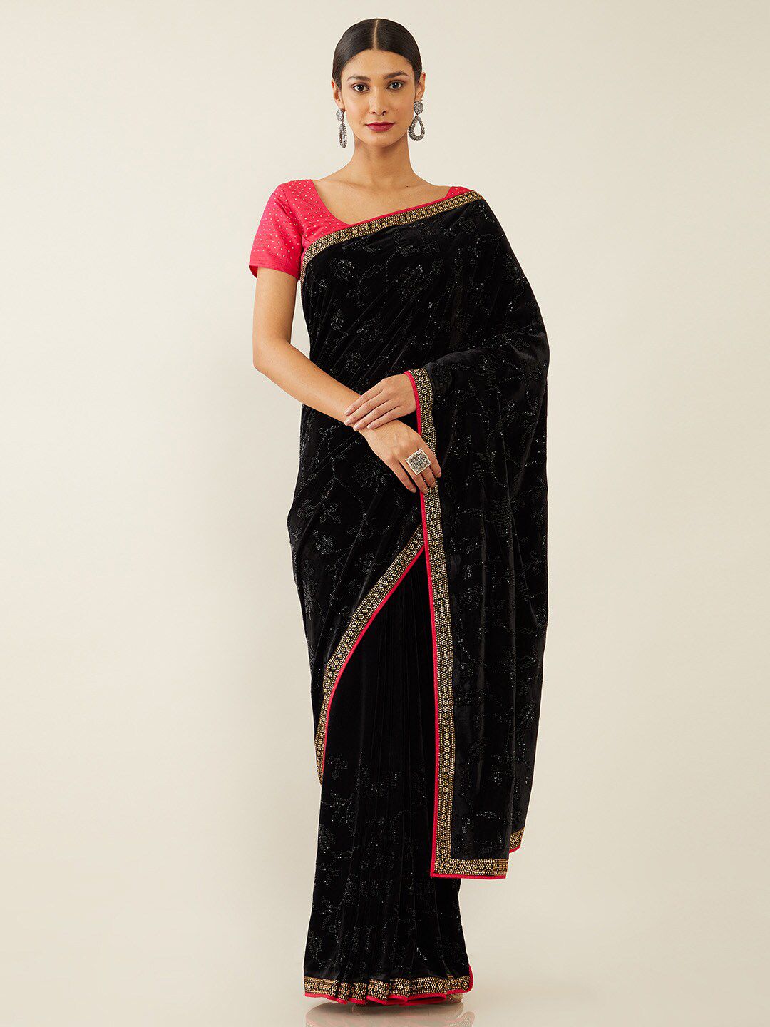 Soch Black & Red Floral Beads and Stones Velvet Saree Price in India