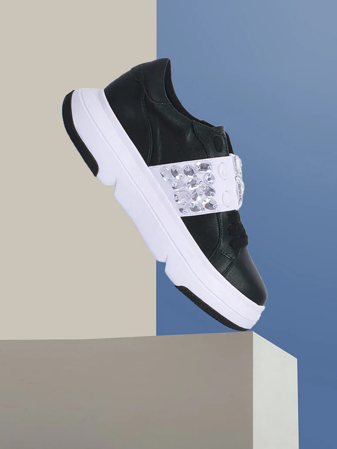 Saint G Women Black & White Colourblocked Embellished Lightweight Leather Sneakers Price in India
