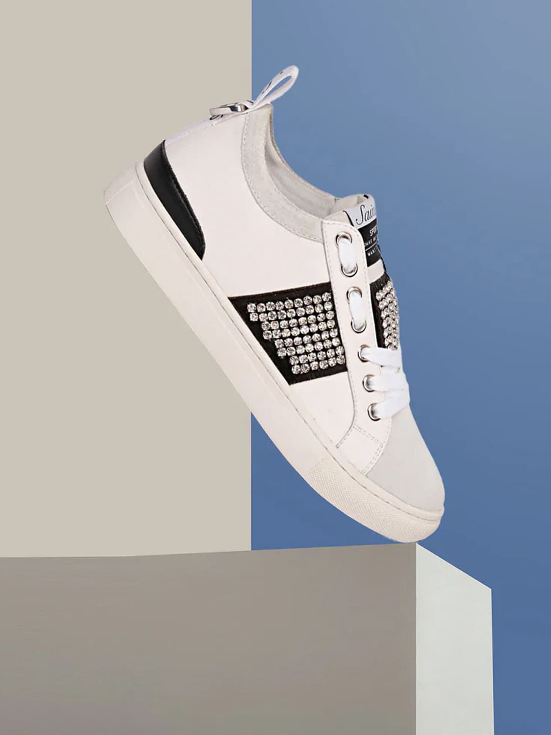 Saint G Women White & Black Colourblocked Embellished Lightweight Leather Sneakers Price in India