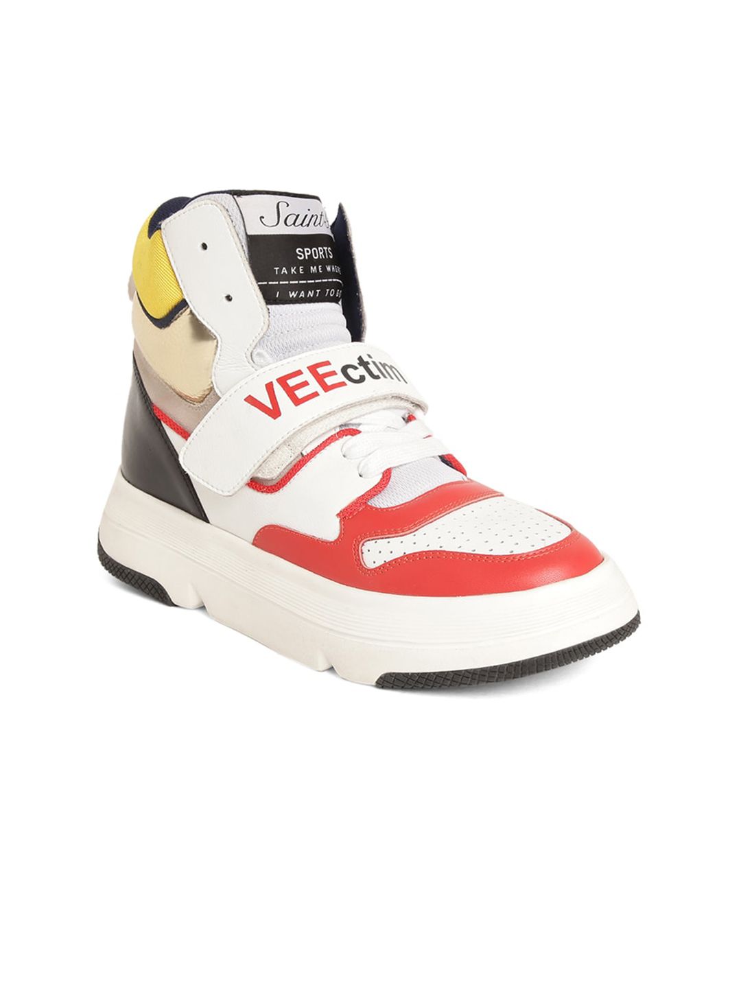 Saint G Women White & Red Colourblocked Mid-Top Lightweight Leather Sneakers Price in India