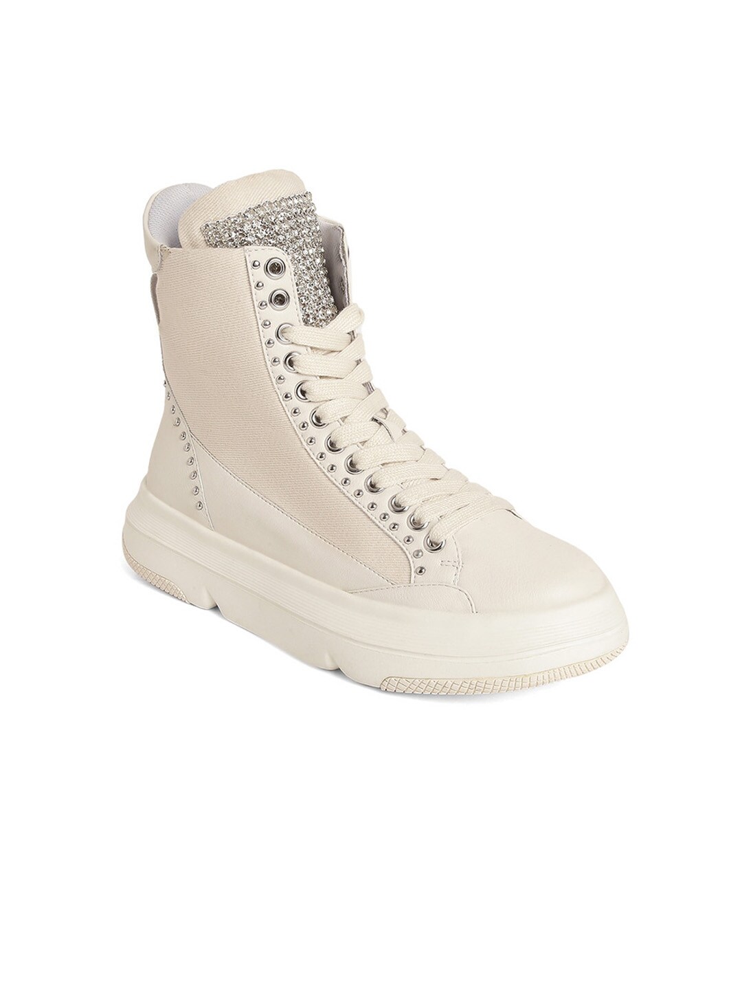 Saint G Women Off White Embellished Mid-Top Lightweight Leather Sneakers Price in India