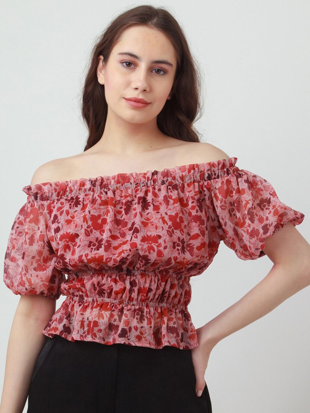 Zink London Pink & Red Floral Print Off-Shoulder Bardot Top Price in India