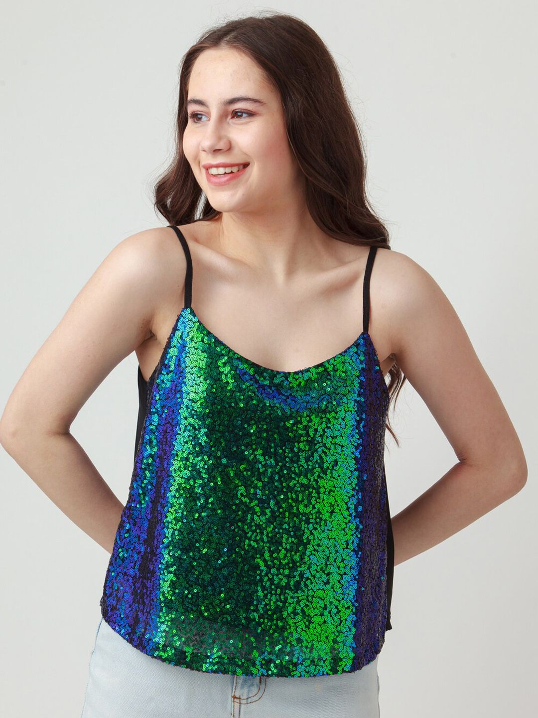 Zink London Black & Green Sequined Embellished Top Price in India