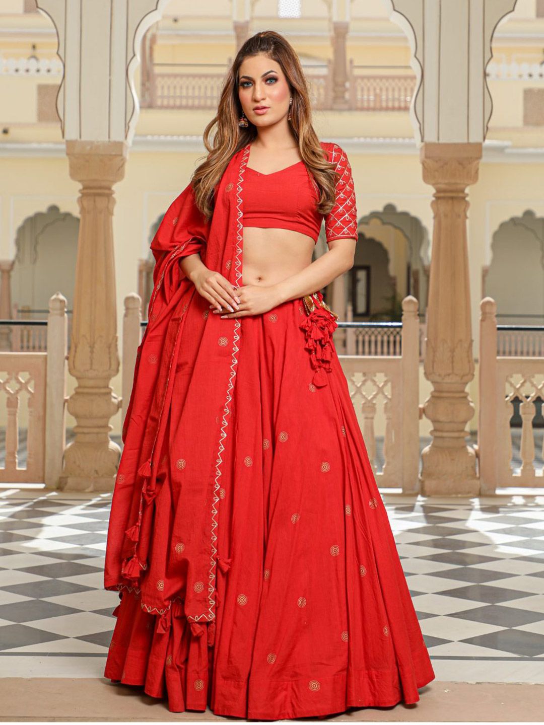 Baisacrafts Red & Gold-Toned Embroidered Block Print Lehenga Choli With Dupatta Price in India