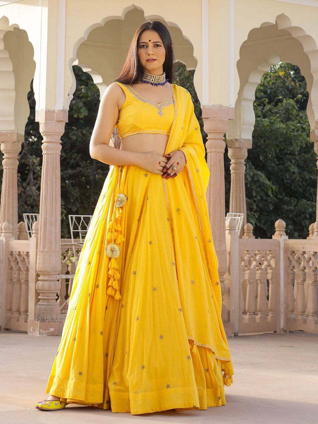 Baisacrafts Yellow & Gold-Toned Embroidered Block Print Lehenga Choli With Dupatta Price in India