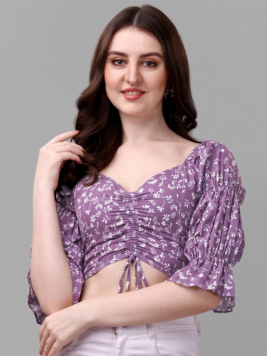 Masakali Co Purple Floral Print Sweetheart Neck Crepe Crop Top Price in India