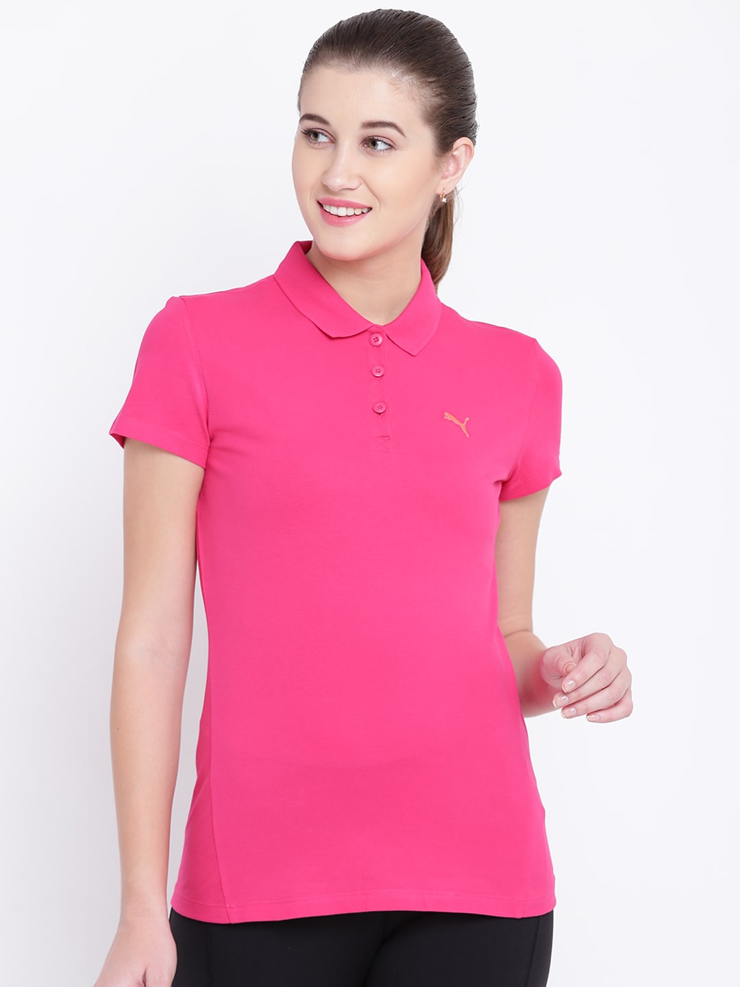 Puma Women Pink ESS Solid Polo Collar T-shirt Price in India